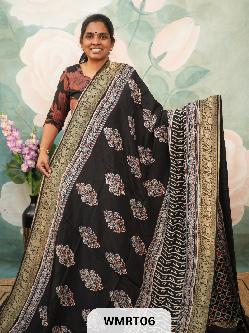 DOLA SILK WITH AJRAKH HANDBLOCK PRINT SAREE