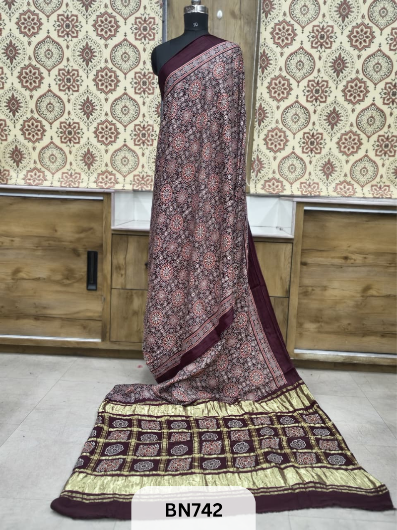 MODAL VISCOSE AJRAKH PRINT CHECKS TISSUE PALLU SAREE