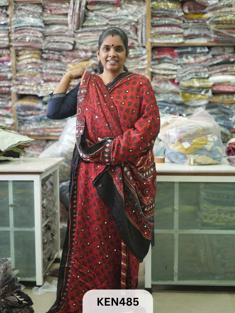 MODAL NATURAL AJRAKH HANDBLOCK SAREE WITH GLUE MIRROR