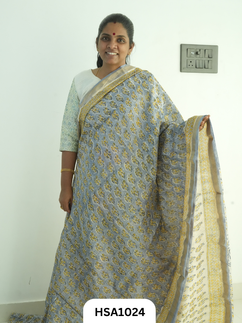 Pure Maheswari Silk Cotton - Handblock Print Saree With Blouse