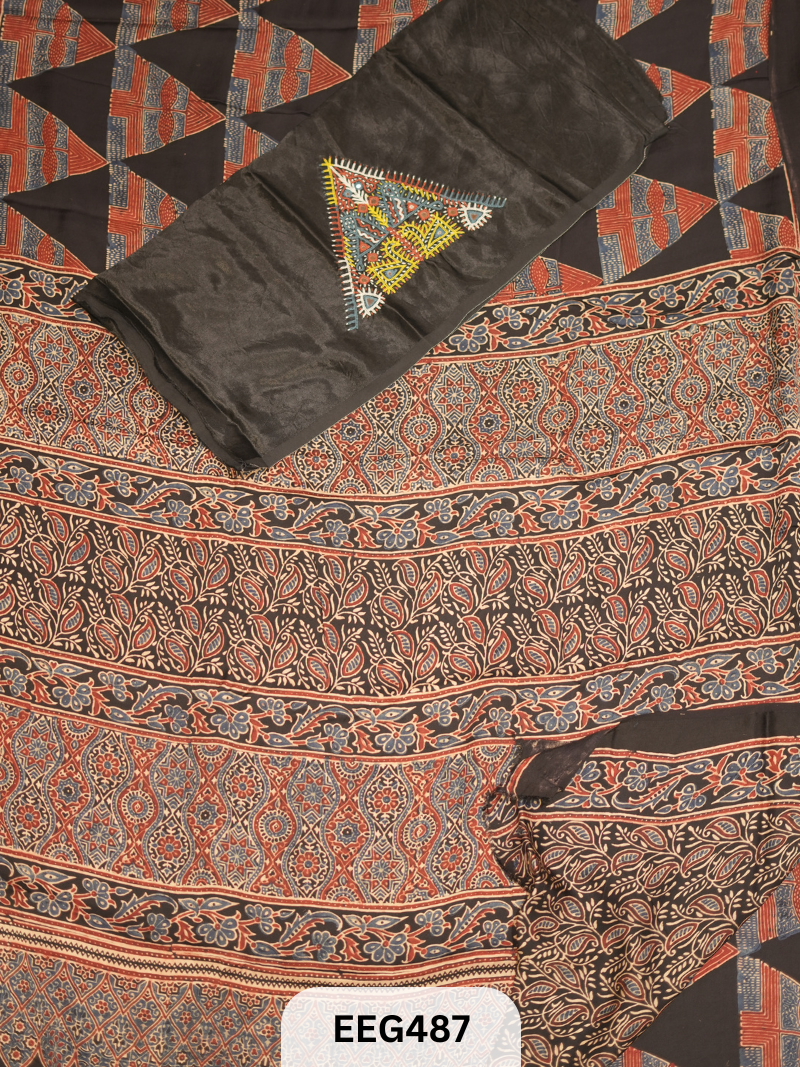 AJRAKH MODAL SAREE WITH KUTCHI HANDWORK BLOUSE PIECE EXTRA