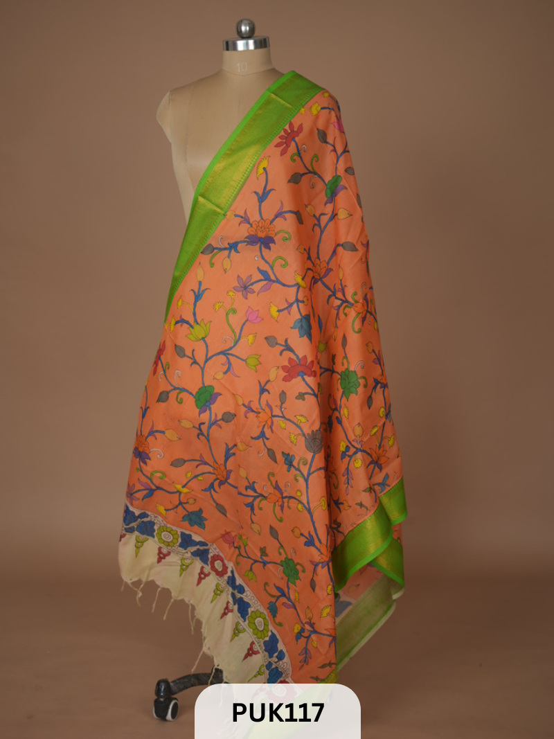 PURE PENKALAMKARI DUPPATTA - CHENNURI SILK