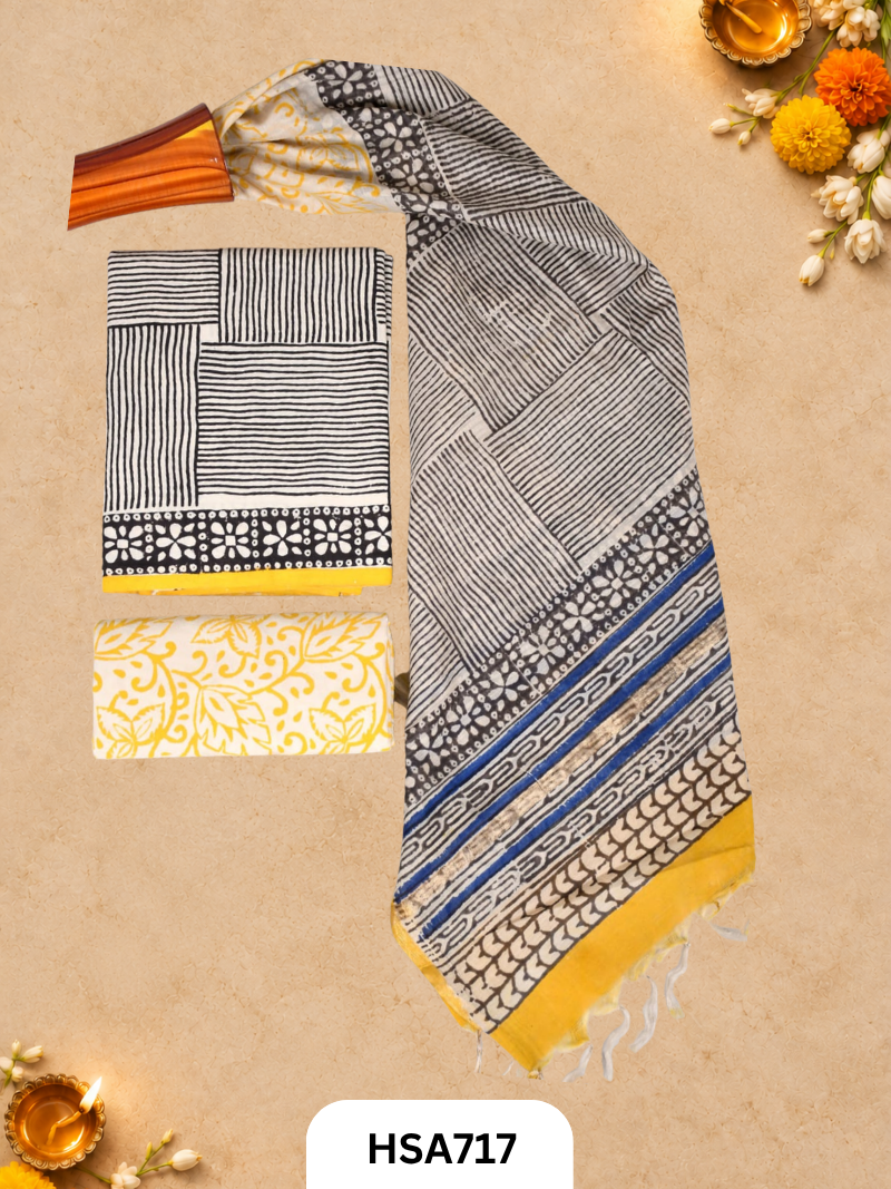 HandBlock Printed Chanderi Silk Dupatta With Cotton Suits -Top 2.5M Duptta 2.5M