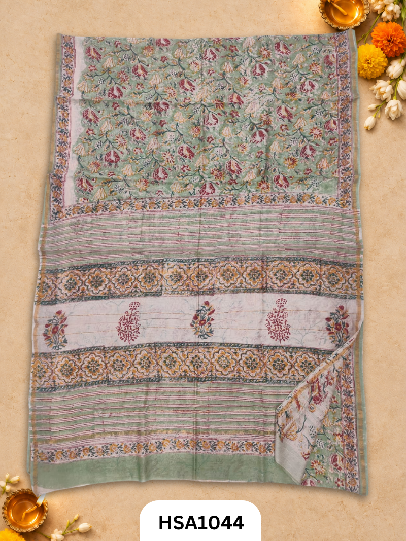 Pure Hand Block Printed Chanderi Silk Saree With Printed Blouse