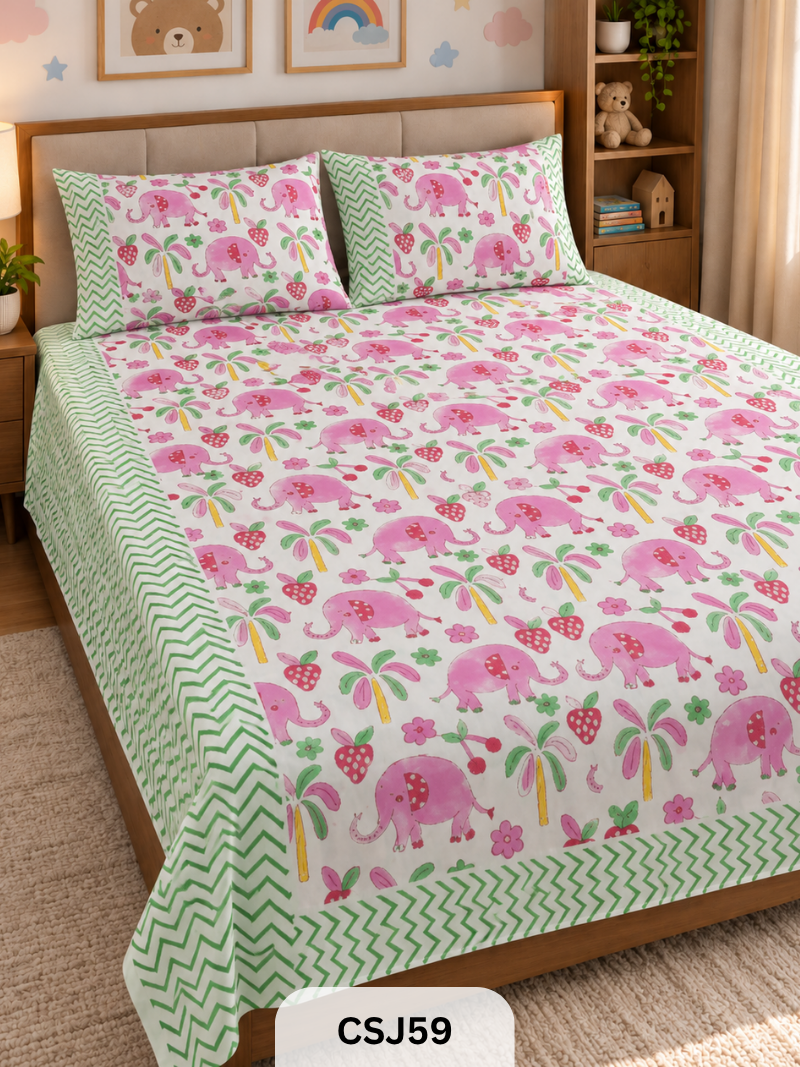 Kids Cherry Blossom Bedsheet With Pillow Covers - 98*108