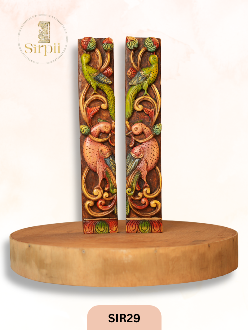 Wooden Peacock Wall Panel Pair - Height 20.5" INCH, WIDTH 3.5"INCH