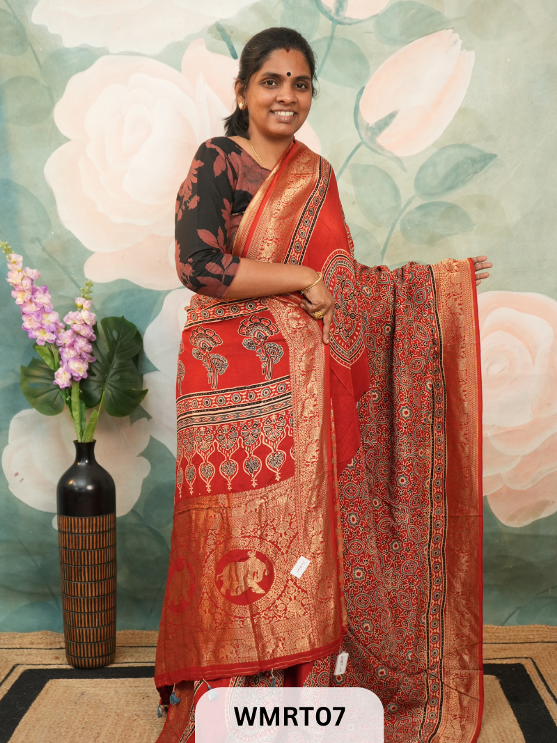 DOLA SILK WITH AJRAKH HANDBLOCK PRINT SAREE