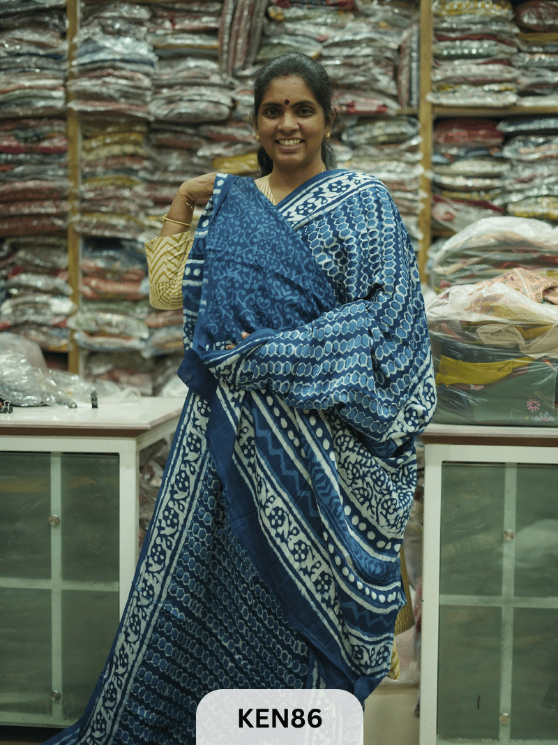 MODAL INDIGO DABU HANDBLOCK PRINT SAREE - NATURAL PROCESS