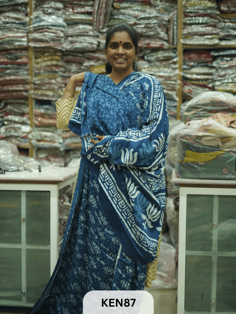 MODAL INDIGO DABU HANDBLOCK PRINT SAREE - NATURAL PROCESS