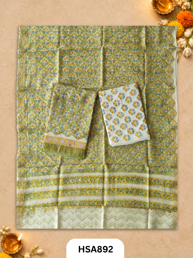 HandBlock Printed Maheshwari Silk Zari Border Top & dupttas 2.5 Mtrs | Bottom cotton 2.50 mtrs