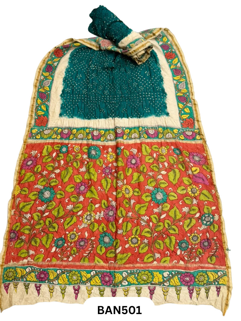 Pure Chanderi Silk X Bandhini Penkalamkari Fusion Saree