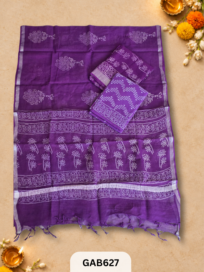 Bagru Hand Block Printed Linen Suits With Zari Border