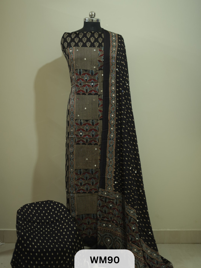 MODAL AJRAKH WITH GLUED MIRROR SALWAR SUIT - 3PCS