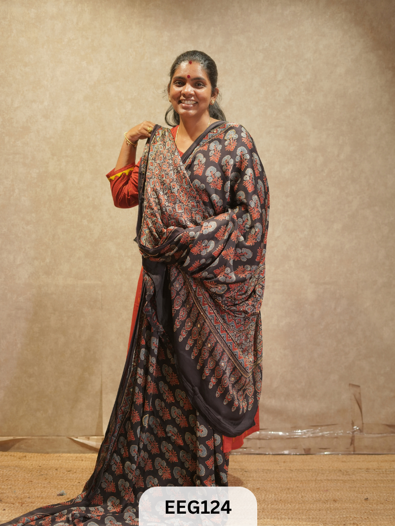 AJRAKH MODAL SAREE WITH KHATLI HANDWORK