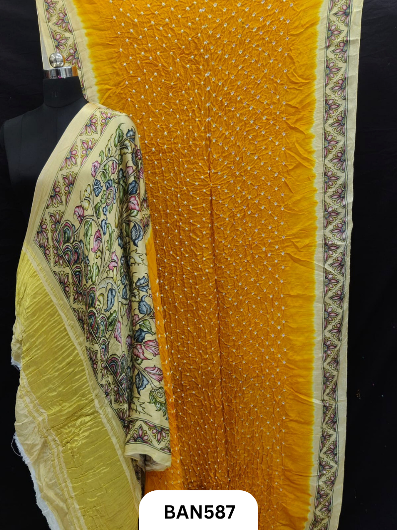 Semi Gaji ts kalamkari digital print pallu, blouse and border with bandhej saree