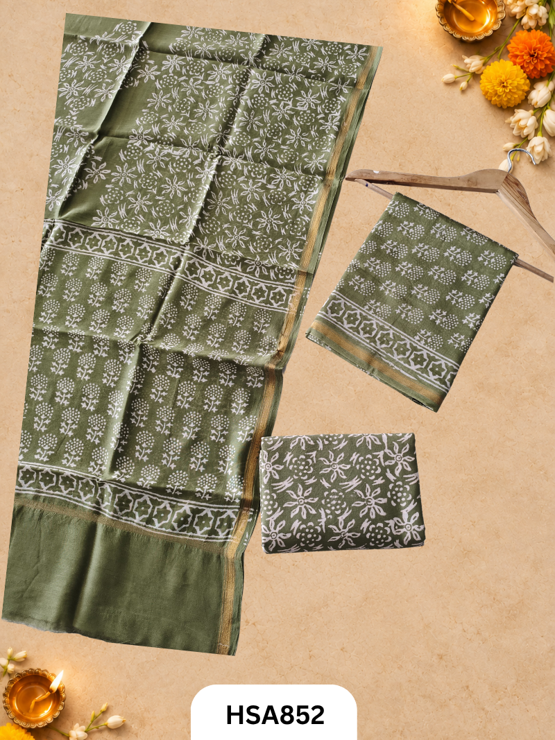 HandBlock Printed Chanderi Silk Cotton Suits -Top 2.5M Duptta 2.5M