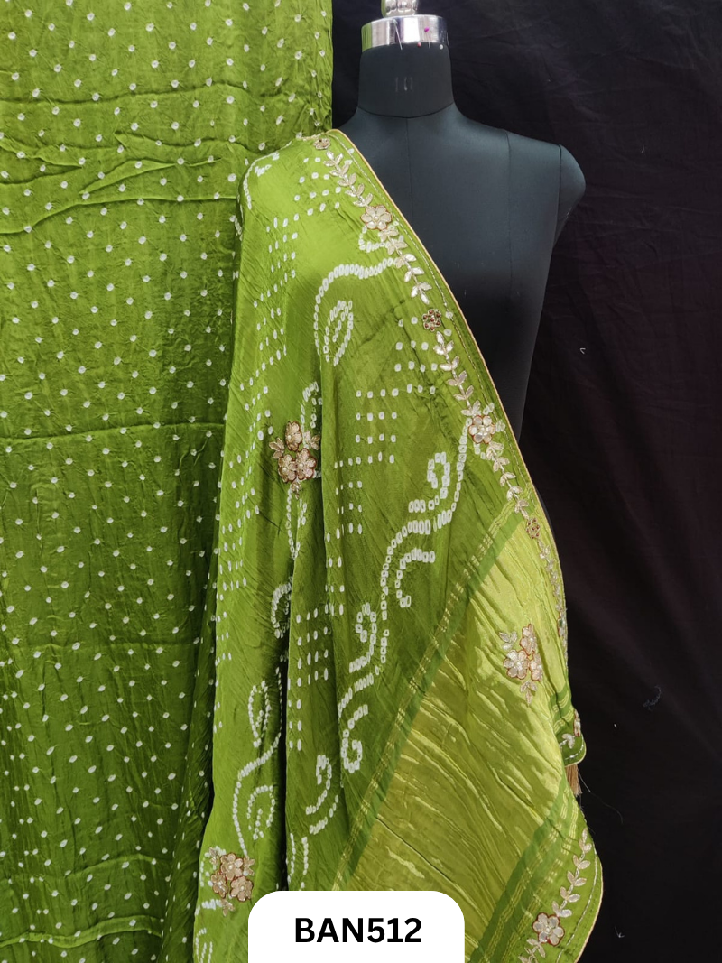 Semi gaji silk tissue pallu dani bandhej saree with khatli handwork
