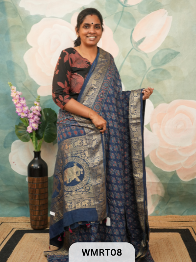 DOLA SILK WITH AJRAKH HANDBLOCK PRINT SAREE