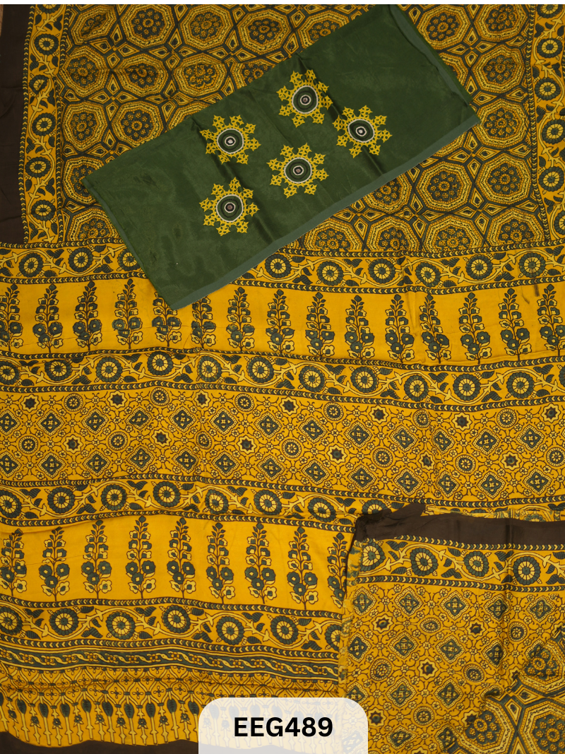 AJRAKH MODAL SAREE WITH KUTCHI HANDWORK BLOUSE PIECE EXTRA