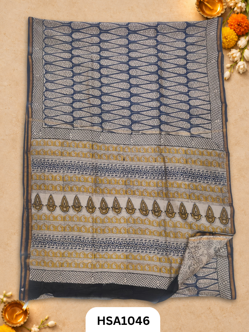 Pure Hand Block Printed Chanderi Silk Saree With Printed Blouse