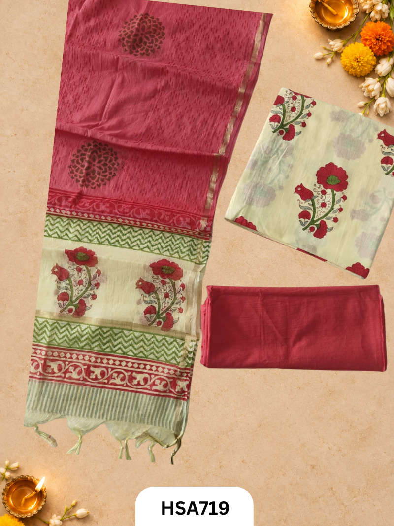 HandBlock Printed Chanderi Silk Dupatta With Cotton Suits -Top 2.5M Duptta 2.5M