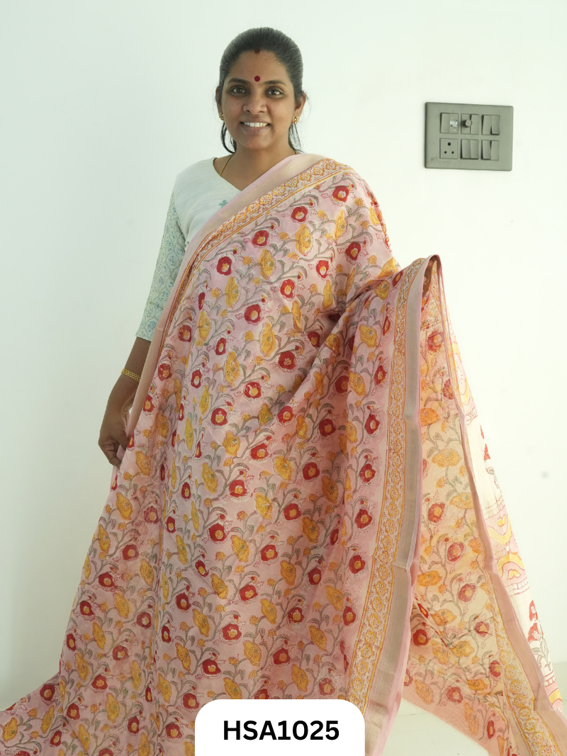 Pure Maheswari Silk Cotton - Handblock Print Saree With Blouse