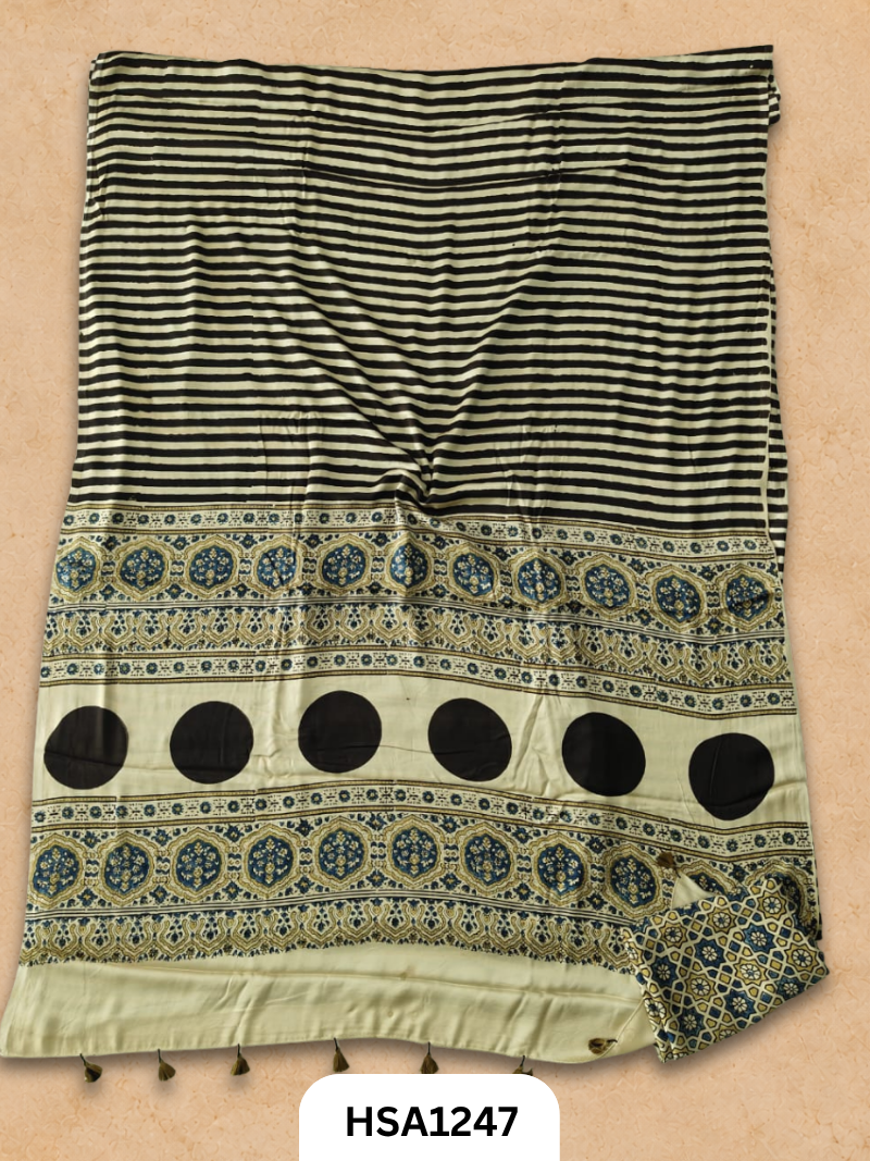 Natural Dye Vegetable Hand Block Print Ajrakh Print Pure Modal Silk Saree