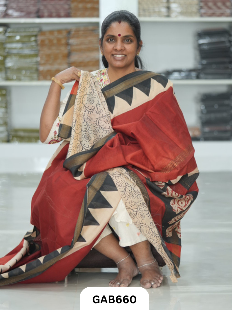Hand Block Printed Maheshwari Silk Saree