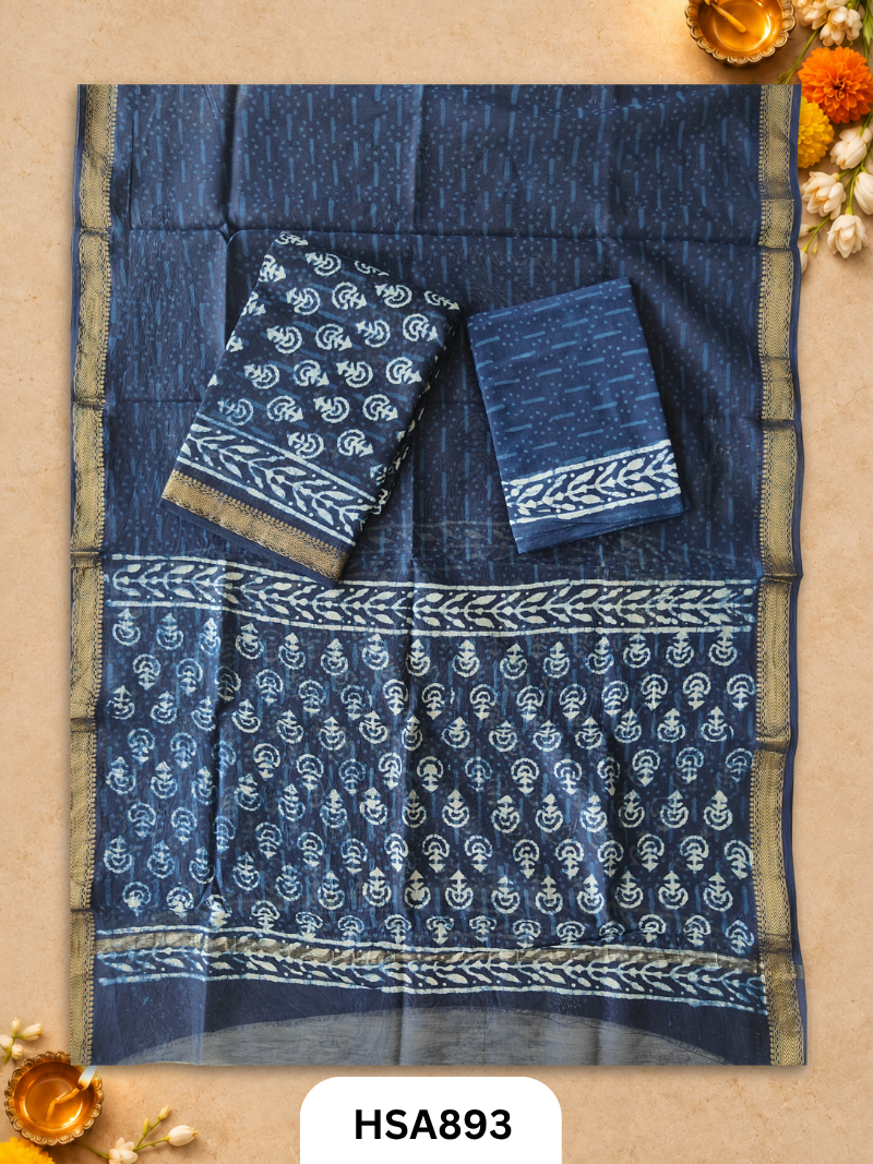 HandBlock Printed Maheshwari Silk Zari Border Top & dupttas 2.5 Mtrs | Bottom cotton 2.50 mtrs