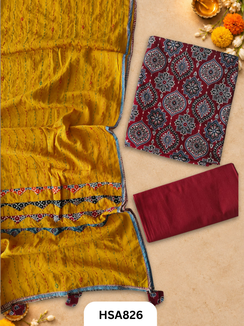 Ajrahk Print With Patch Work And Mirror Work Dupatta