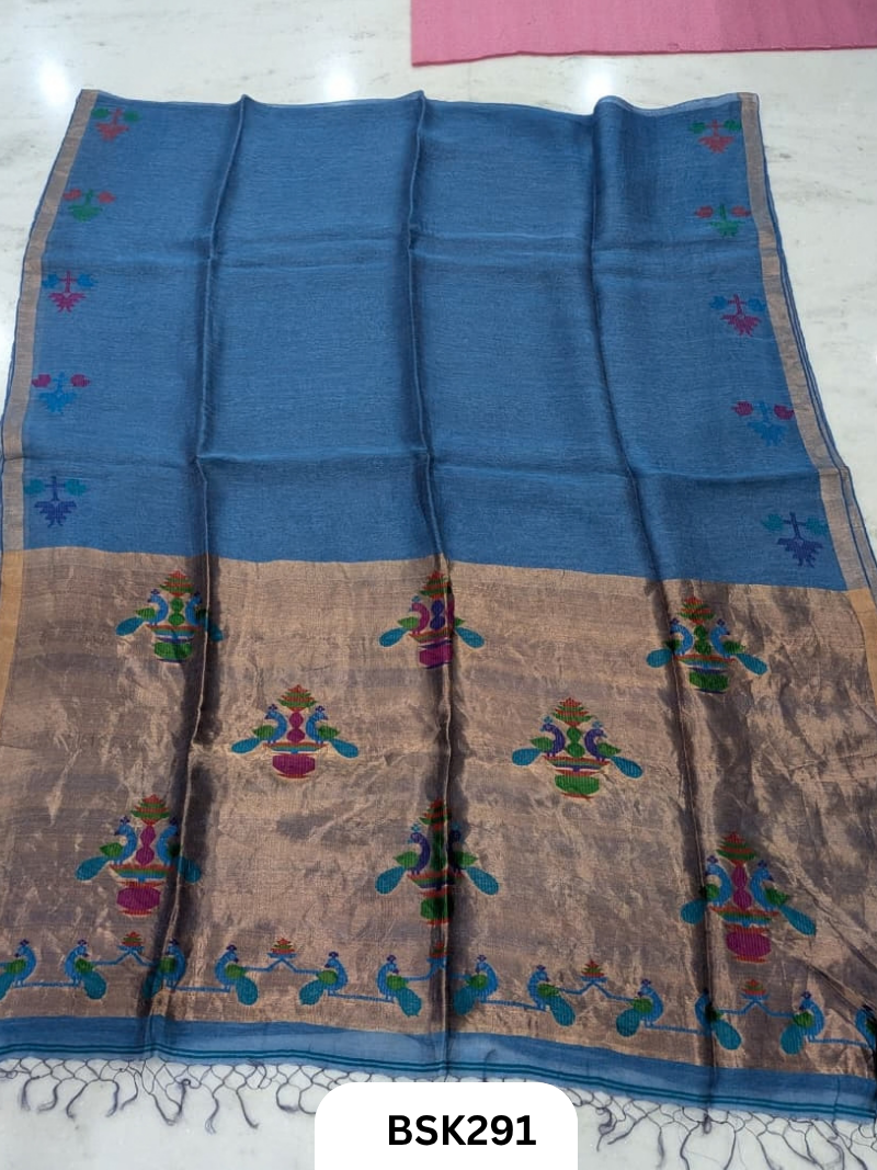 Handloom Pure Linen Silk Jamdhani Weave Saree