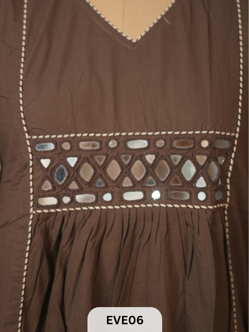 PLAIN COTTON KURTI WITH MIRROR WORK AND AJRAKH PRINT