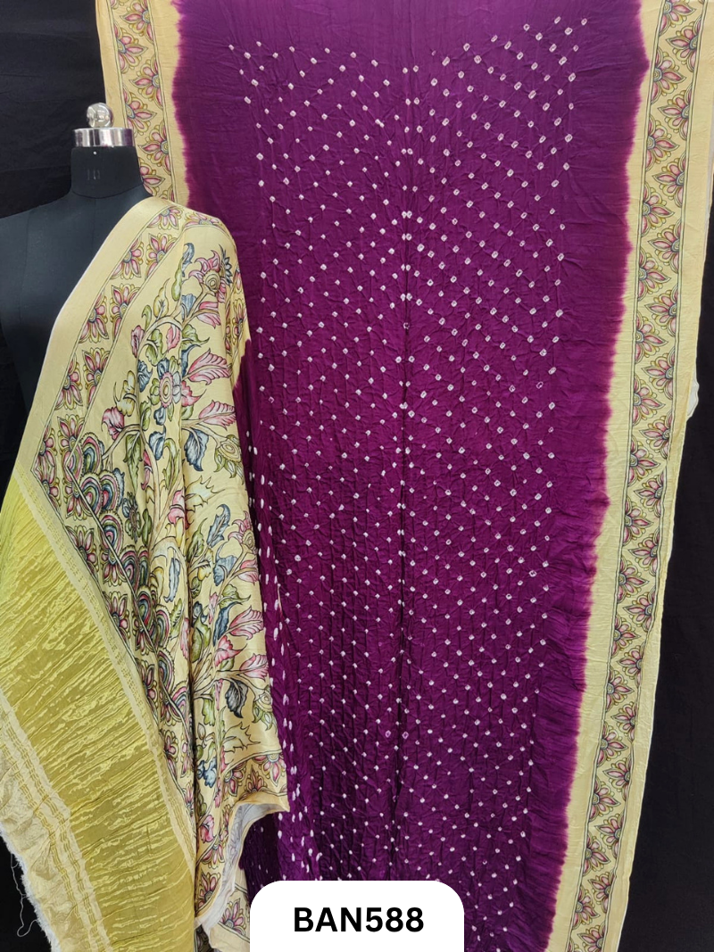 Semi Gaji ts kalamkari digital print pallu, blouse and border with bandhej saree