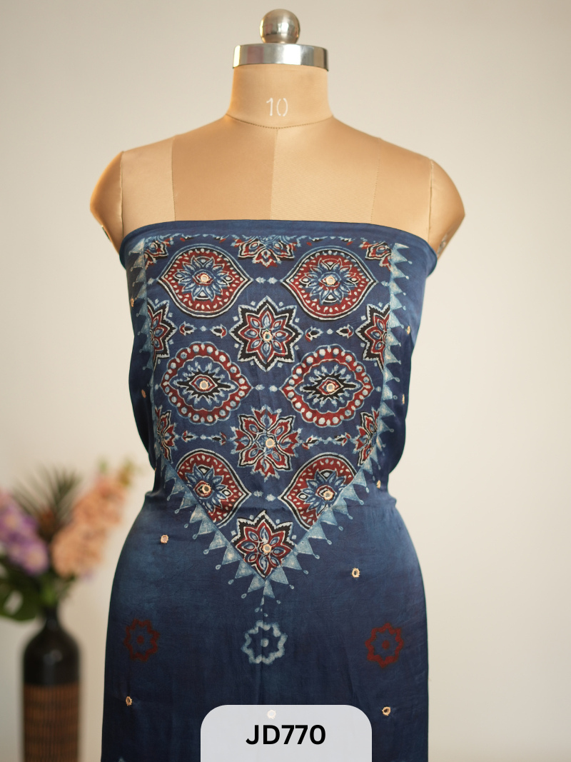 MODAL SILK AJRAKH HANDBLOCK PRINT WITH MIRROR WORK TOP KAFTAN FABRIC - Preorder 10 days