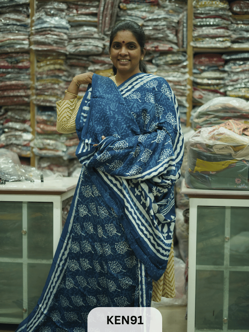 MODAL INDIGO DABU HANDBLOCK PRINT SAREE - NATURAL PROCESS