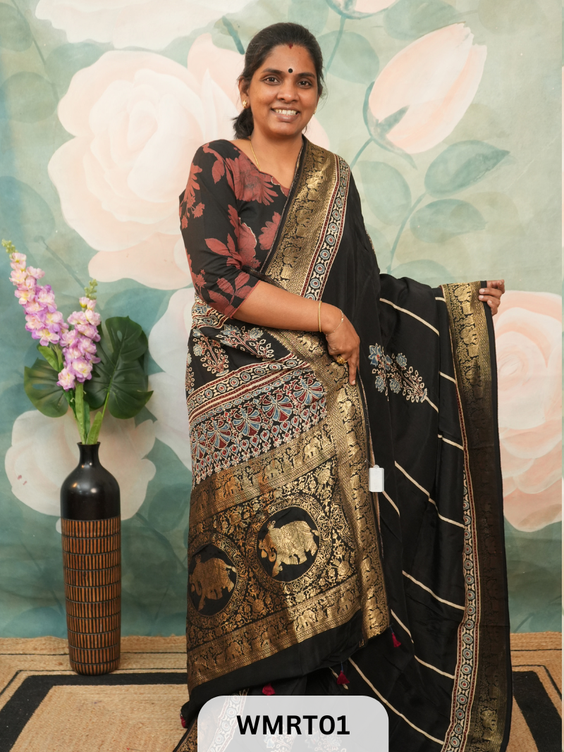 DOLA SILK WITH AJRAKH HANDBLOCK PRINT SAREE