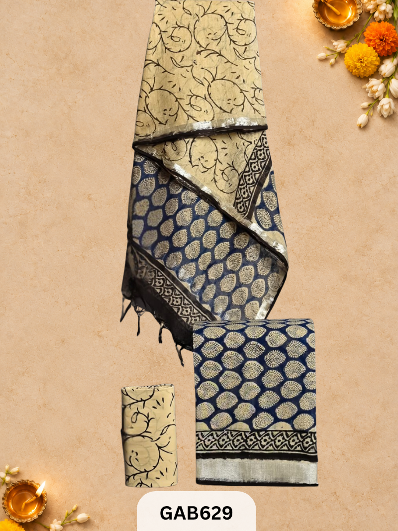 Bagru Hand Block Printed Linen Suits With Zari Border