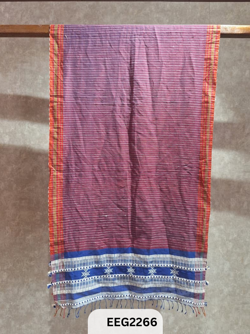 HANDWEAVED KALA COTTON STOLE WITH EXTRA WEFT TESSLES-2.2MTR*20INCH