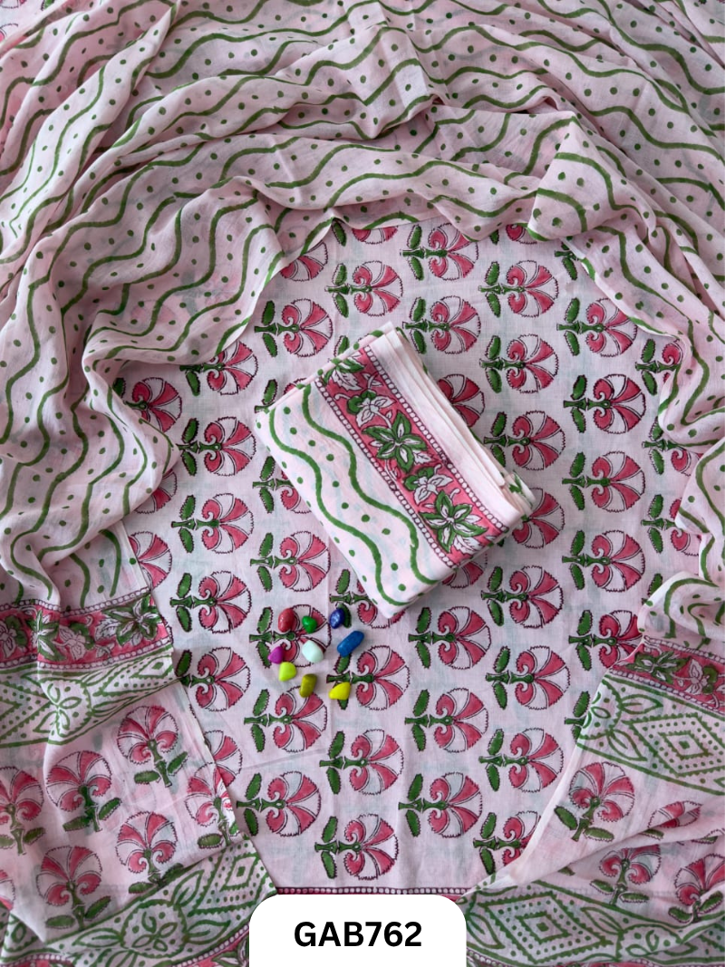 Handblock Cotton Suits With Mulmul Cotton Dupatta | Top 2.5 Mtr Dupatta 2.5 Mtr
