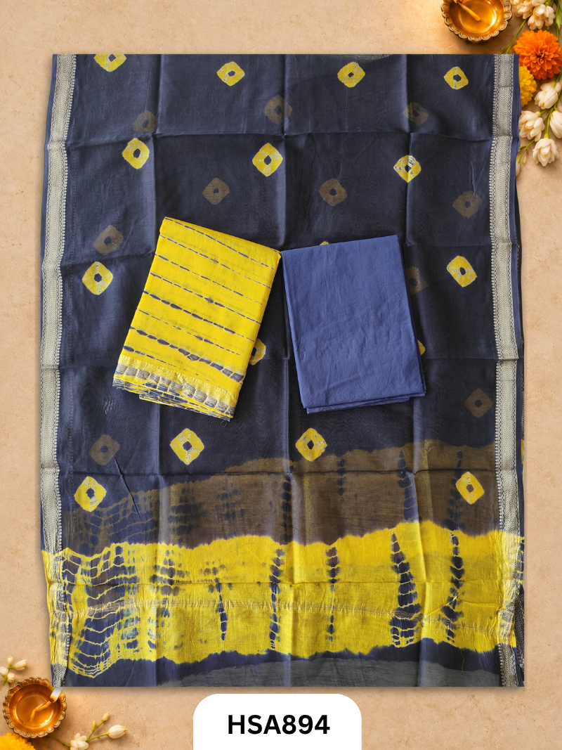 HandBlock Printed Maheshwari Silk Zari Border Top & dupttas 2.5 Mtrs | Bottom cotton 2.50 mtrs