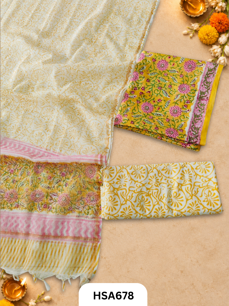 Handblock Printed Kota Doriya Dupatta With Cotton Suits Top 2.5mtr Dupatta 2.5mtr