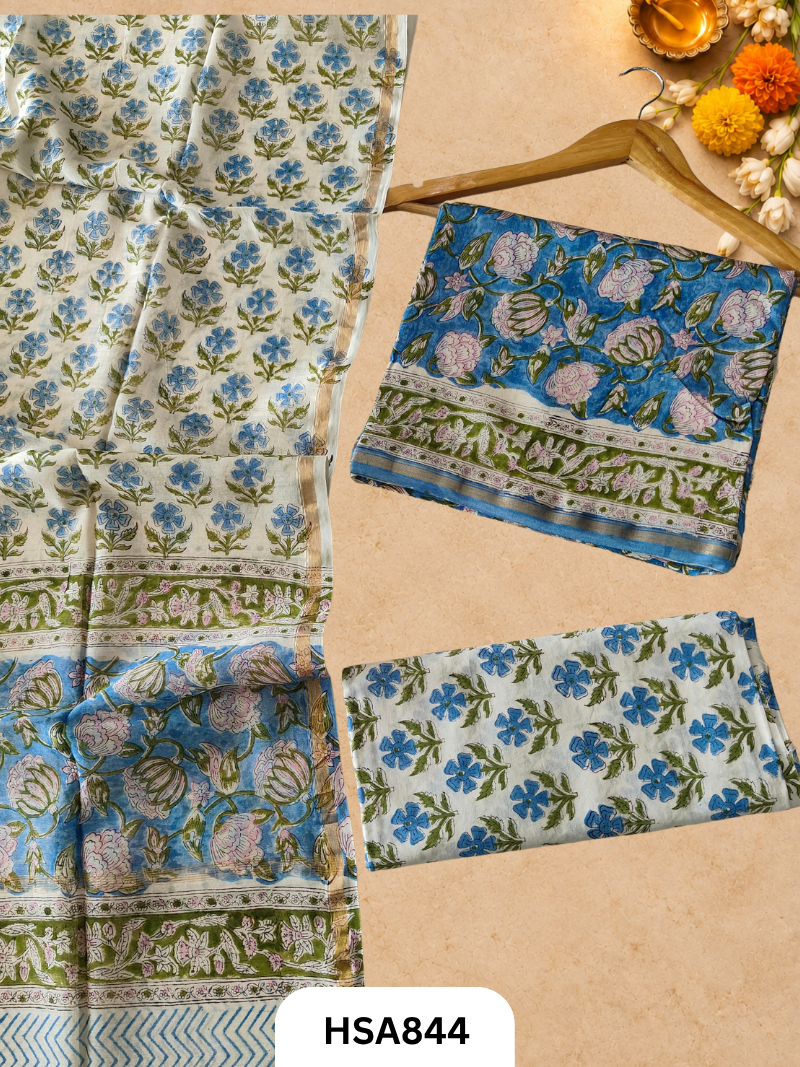 HandBlock Printed Chanderi Silk Cotton Suits -Top 2.5M Duptta 2.5M