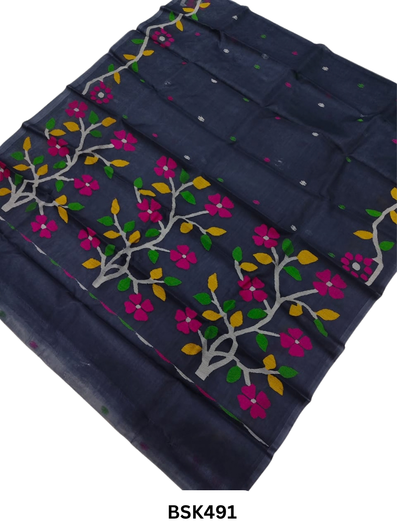 Handloom Pure Muslin Jamdhani Needle Work Weave Saree