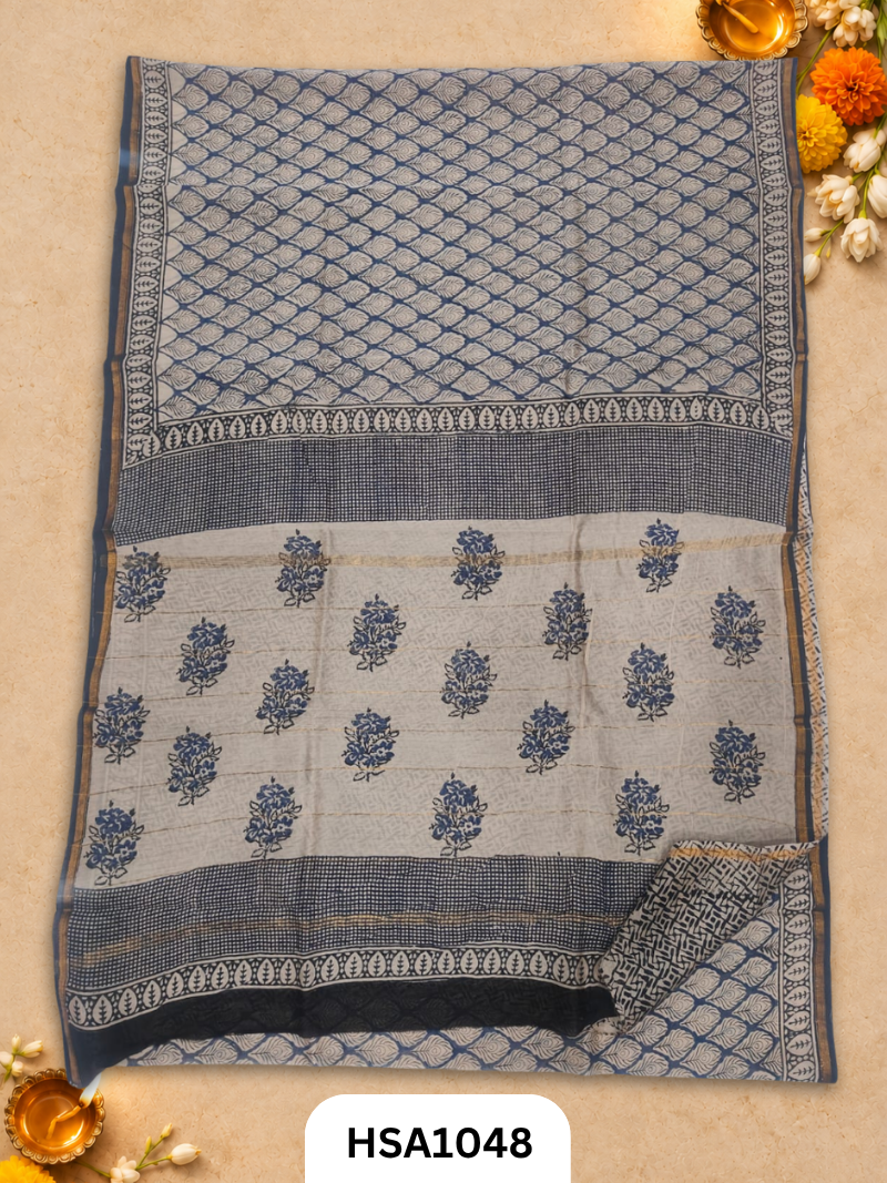 Pure Hand Block Printed Chanderi Silk Saree With Printed Blouse