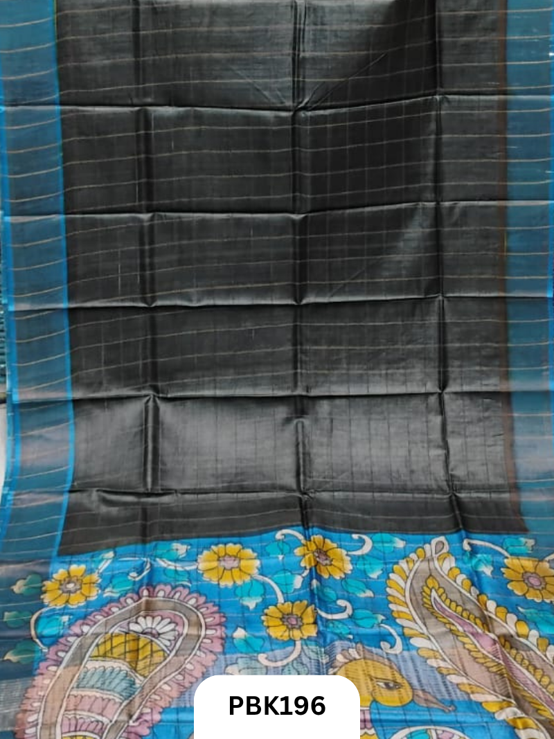 Pure Tussar Silk Saree with Checked design Plain Body with Kalamkari Design in Pallu