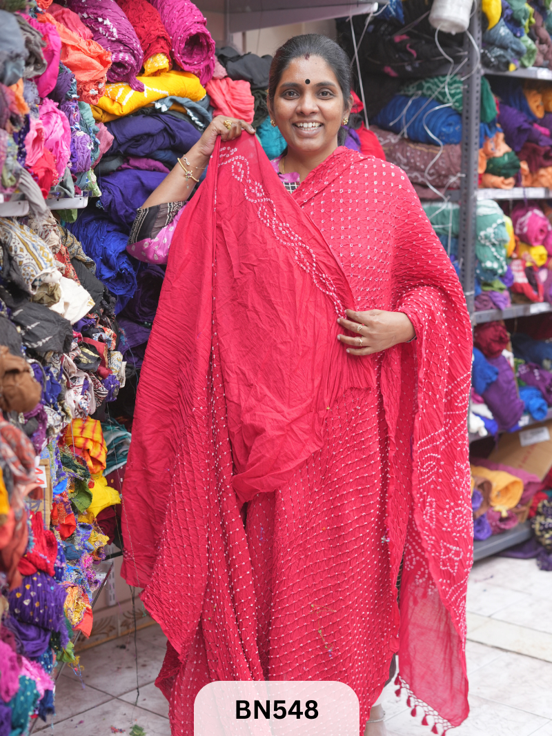 MUL COTTON HEAVY BANDHEJ SAREE WITH JARI TUSSLES