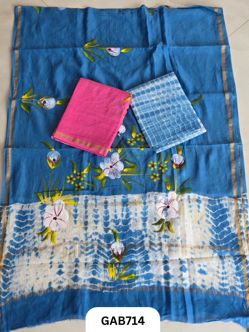 Hand Block Chanderi Silk Dress Materials Top 2.5 Mtrs Duptta 2.5 Mtrs
