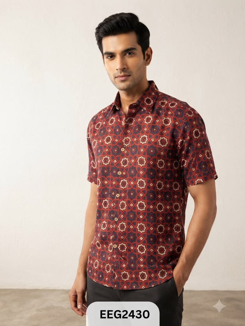 MODAL HANDBLOCK PRINT SHIRT WITH WOODEN BUTTON