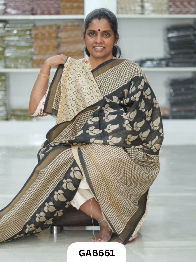 Hand Block Printed Maheshwari Silk Saree