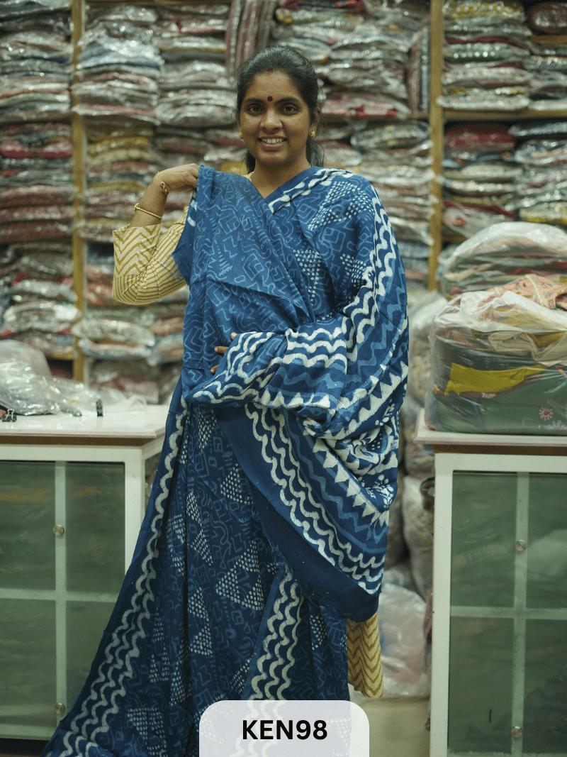 MODAL INDIGO DABU HANDBLOCK PRINT SAREE - NATURAL PROCESS